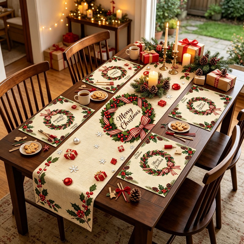 Christmas Table Runner - ผ้าปูโต๊ะลายพวงหรีดคริสต์มาส 5 ชิ้น สำหรับตกแต่งโต๊ะอาหาร งานเลี้ยง งานปาร์ตี้