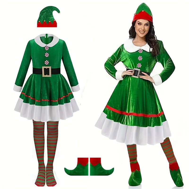 Elf Costume Christmas - 5 ชิ้นคริสต์มาส Elf เครื่องแต่งกายชุดผู้หญิงขนแกะเรียงราย Hooded ชุดเจ้าหญิงฤดูหนาว